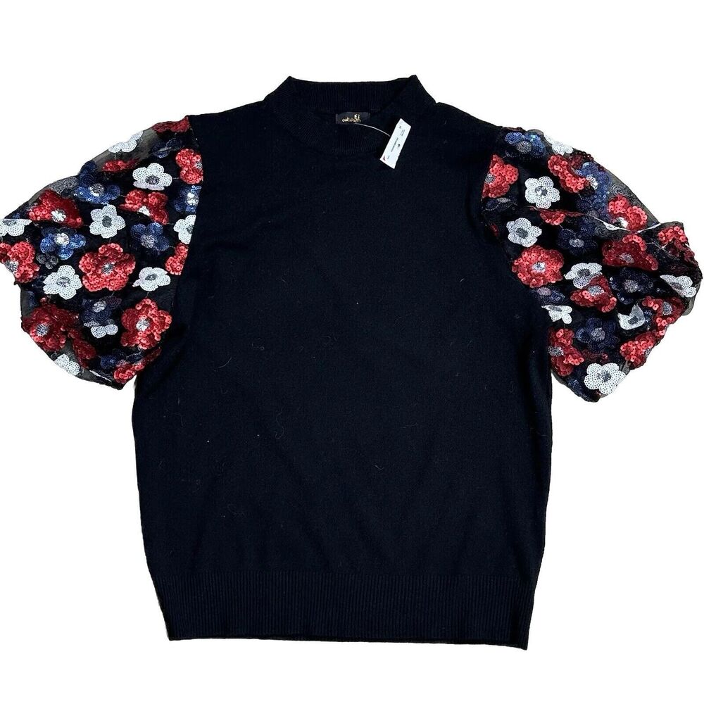 Ontwelfth Lace Sequin Puff Sleeve Holiday Top Womens XL Black Red Floral Sweater